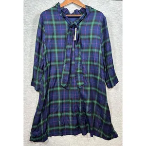 Crown & Ivy Navy‎ Plaid Tie Back Neck Dress Ruffle Size L Preppy Casual thumbnail 3