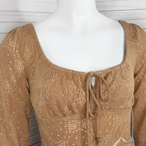 Kirious Boho Embroidered‎ Eyelet Tie Neck Long Sleeve Crop Top Tan XS thumbnail 5