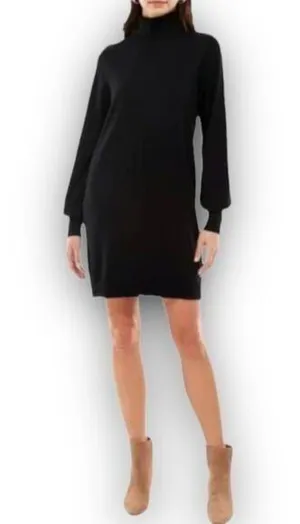 NEW WAYF Turtleneck Knit Sweater Dress Mini Length Balloon Sleeve Black Medium thumbnail 1