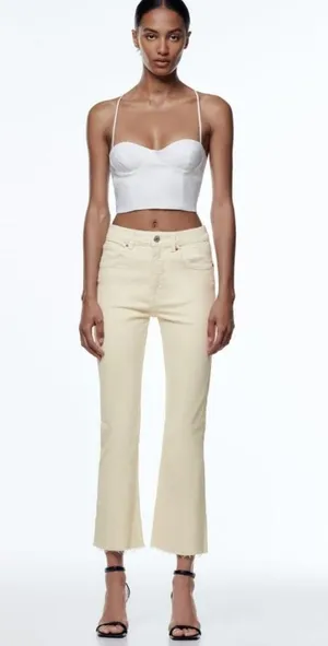 Zara High Rise Flare Beige Raw Hem Jeans Size 2 thumbnail 1