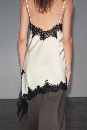 Zara Satin Lace-Trim Slip Dress - Lingerie White with Black Lace thumbnail 11