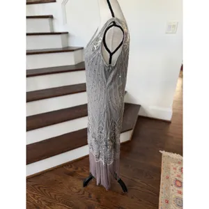 Unique Vintage Gray Silver Midi Fringe Sequin Flapper Costume Dress Halloween thumbnail 3