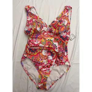 Slimming Silhouette‎ Paisley One Piece Swimsuit Ruffle Strap Multi Color V-Neck thumbnail 2