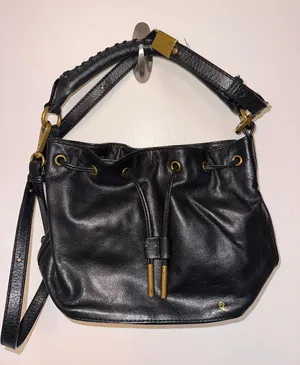 Black Leather Drawstring Crossbody Shoulder Bag Satchel Small Purse thumbnail 1