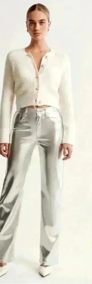 7 For All Mankind Silver Metallic Coated Straight‎ Leg Pants Size Medium NWT thumbnail 1