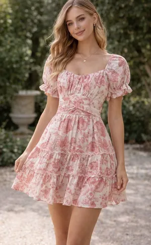 Francesca’s Mi Ami Toile Floral Puff Sleeve Tiered Mini Dress Pink + White XS thumbnail 1
