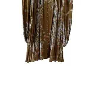 Free People Brown green hippie babydoll peasant dress balloon sleeves S #1993 thumbnail 3