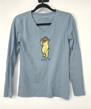 Life Is Good Shirt Women S Blue Giddy Up Bear Cowboy Western Long Sleeve Tee thumbnail 1