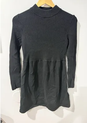 Free People French Girl Black Mini Dress LBD Mock Neck Ribbed A-Line Sz M‎ H thumbnail 1