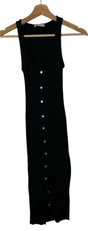 Zara Black Ribbed Bodycon Button Front Midi‎ Dress S thumbnail 1