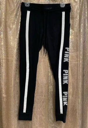 PINK Victorias Secret Black White Rhinestone Bling Joggers, Medium thumbnail 1