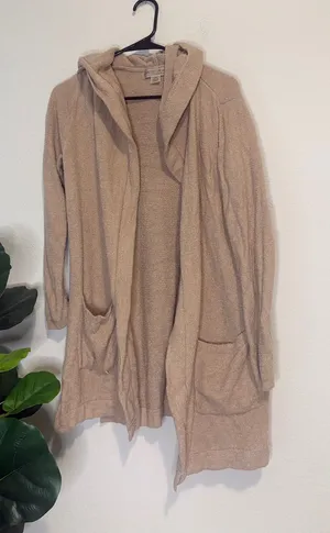 Barefoot Dreams Hooded Open-Front Cardigan in Light Tan XS/S thumbnail 1