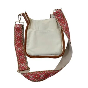 AhDorned Cream Canvas Crossbody Bag Embroidered Strap Boho thumbnail 2
