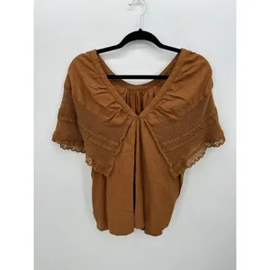 Old Navy XL Boho Peasant Top Brown‎ Lace Crochet Short Sleeve Cotton Blouse thumbnail 2