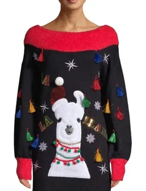 Holiday Time Christmas Sweater Women 2X Black Llama Tunic Tassels Sequin Fuzzy thumbnail 1