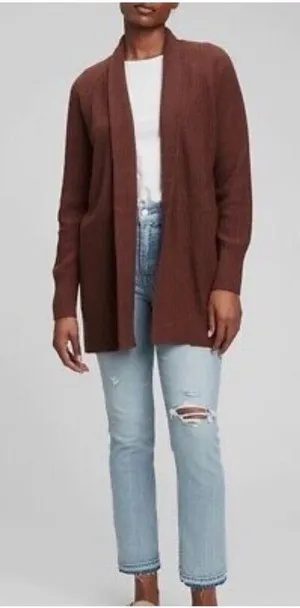 GAP Open-Front Merino Blend Cardigan Sweater Burnt Russet Brown size large thumbnail 1