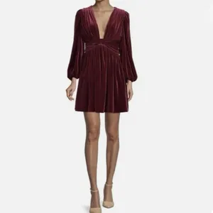 NWT Gianni Bini Mariah 3/4 Sleeve‎ Plunging V-Neck Burgundy Velvet A-Line Dress thumbnail 3