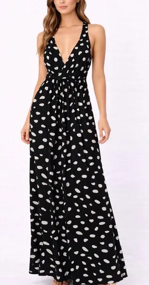 GB Black & White Polka Dot Maxi women’s size XS Dress Deep V Open Back(E47)✨ thumbnail 1