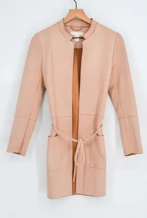 H&M Faux Suede Coat Womens 6 Blush Pink Belted Stand Collar Open Jacket thumbnail 1