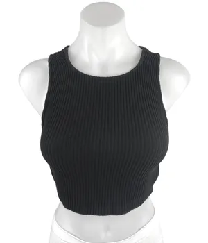 White Fox Women's Black Rib Knit Sleeveless Backless Tie Back Crop Tank Top Sz S thumbnail 1