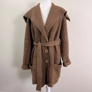 Free People Taffy Brown Waffle Knit Belted Cardigan Sweater Wool Alpaca Medium thumbnail 3