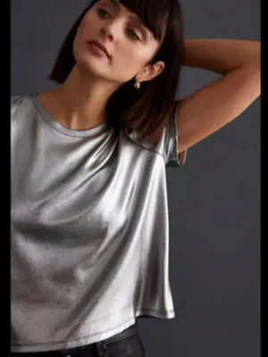 Porridge Anthropologie Women’s Size Medium Petite Shine Glam Tee Metallic Silver thumbnail 2