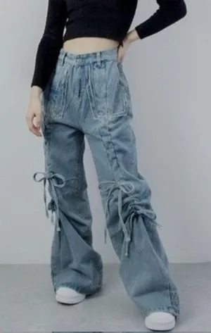 Aelfric Eden Cinched Bow Jeans Size 30 Baggy Wide Leg Streetwear Cyber Grunge thumbnail 1