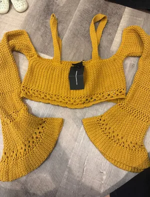 NWT Minga London‎ Mustard Crochet Bell Sleeve Crop Top - Size S thumbnail 1
