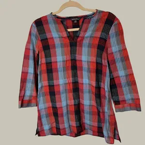 Brooks Brothers Womens Red Blue Plaid Cotton 3/4 Sleeve V-Neck Tunic Top Size 4 thumbnail 2