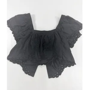 American Eagle Black Eyelet Embroidered Tie Back Crop Top Small Square Neck Puff thumbnail 3