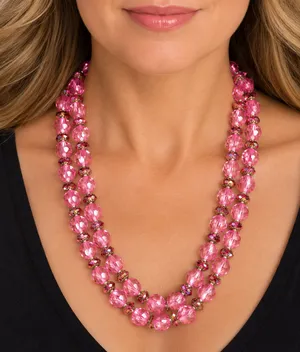 Vintage Pink Red Double Strand Acrylic Glass Bead Necklace Germany 22" MCM thumbnail 1
