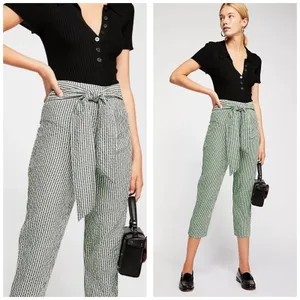 Free People West Side Tie Capri Pants Size 0 Green Gingham Retro Pinup Vintage thumbnail 2