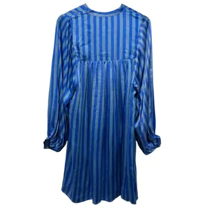 Printfresh Tunic Dress Women Sz S Satin Blue Stripe Tassle Long Puff Sleeve thumbnail 3