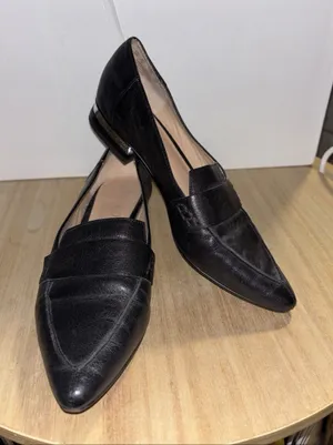Sz 6 Black Leather Franco Sarto Loafers Silver Accent On Heel thumbnail 1