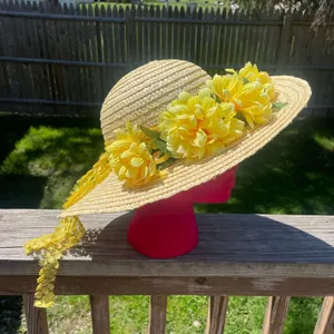Vintage Kentucky Derby Straw Floral Hat Yellow thumbnail 3