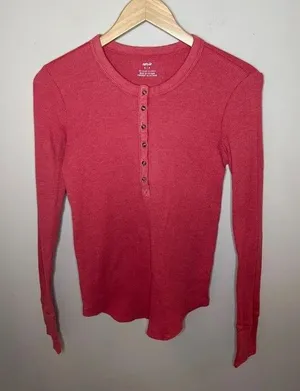 Aerie Waffle Long Sleeve Henley Thermal Top Pink Small thumbnail 1