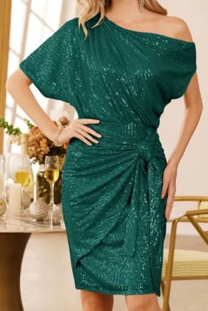 Grace Karin Womens Emerald Green Sequin One Shoulder Wrap Cocktail Dress XL NEW thumbnail 1