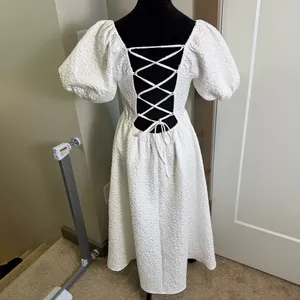 Lulus Puff Sleeve Midi Dress Floral Textured Corset Tie Back‎ Stretch Bridal M thumbnail 7