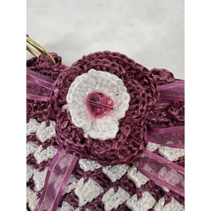 Vintage Handmade Purple White‎ Crochet Nylon Tote Bag Floral Heart Detail Boho thumbnail 7