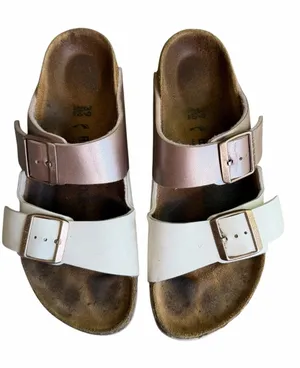 Birkenstock - Arizona Split White Rose Gold Birko-Flor Sandals Sz 39 thumbnail 1