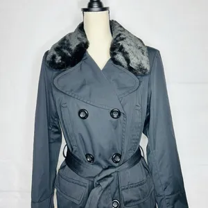 Jones New York Coat Size Large Black Faux Fur Removeable Collar Belted Trench thumbnail 2