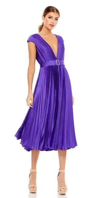 Mac Duggal 26483 Pleated Cap Sleeve Belted A Line Midi Dress- NwT‎ thumbnail 1