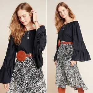 Anthropologie Black Off Shoulder Ruffled Hippie Fairy Peasant Top thumbnail 2