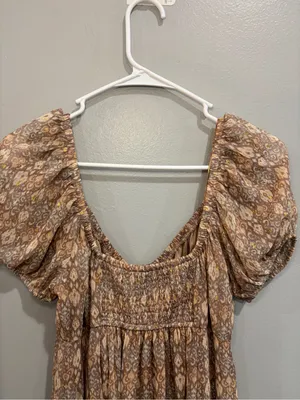 Moon River Puff Sleeve Tiered Maxi Dress S Boho Bohemian Neutral Paisley Gold thumbnail 7