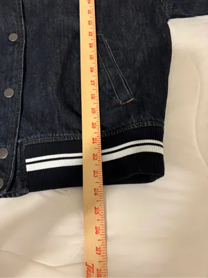 Old Navy Denim Varsity Bomber Jacket L Dark Wash Snap Front Striped thumbnail 5