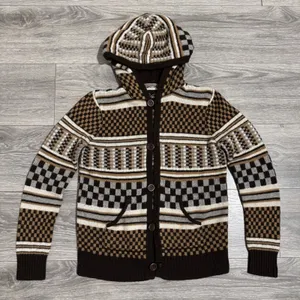 Vans Rare Retro Hooded Cardigan Sweater Brown Checkerboard Geometric Knit Size M thumbnail 1