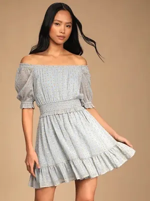 NWT Lulu’s Touch of Glam Dusty‎ Blue Dotted Off-the-Shoulder Mini Dress size L thumbnail 1
