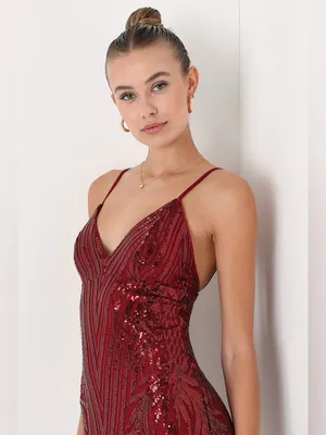 Lulu's Ever So Elegant Shiny Burgundy Sequin Mermaid Maxi Dress thumbnail 3