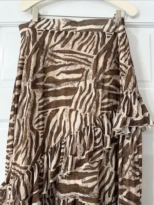 Sinsay Beige Zebra-Print Tiered Ruffle Asymmetrical Midi Lined Skirt Size XL thumbnail 7