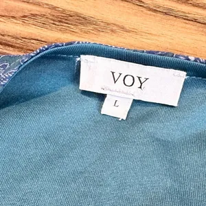 Voy Teal Blue Floral‎ Midi Dress Smocked Waist Flutter Sleeve L Cottagecore thumbnail 3